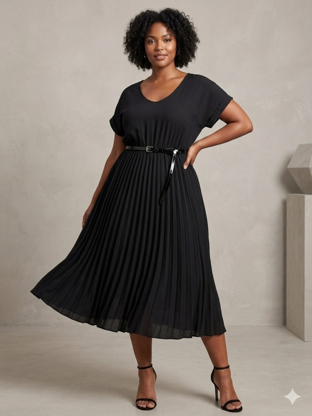 Black Full Pleated-Skirt Midi Dress with Belt
